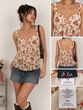 Y2K Indie 2000s Boho dots Tiered Lace Cami Top Plus Size 2X Floral Soft Girl